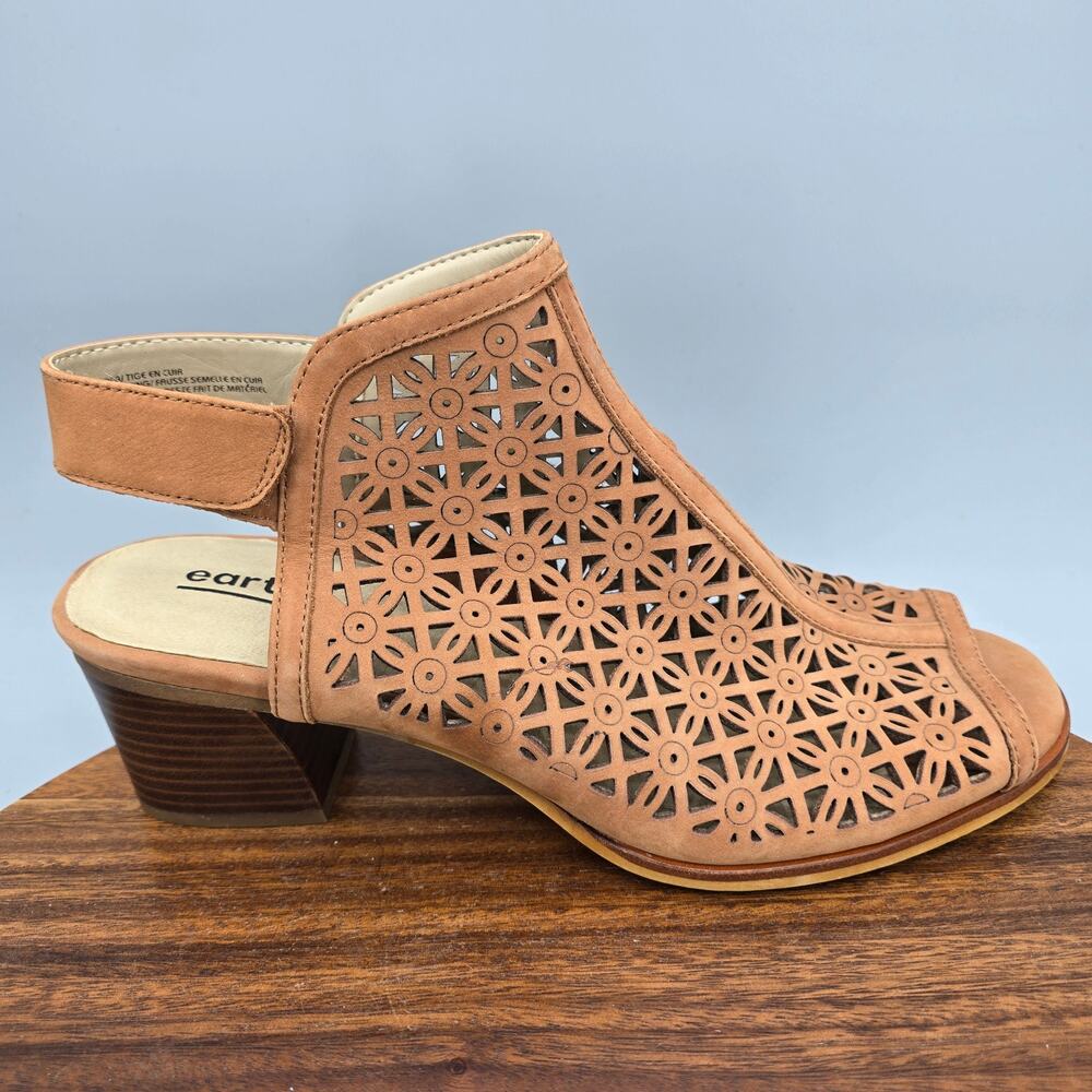 Earth Bootie Sandals Womens 11 M Brown Leather Laser Cut Block Heel Slingback